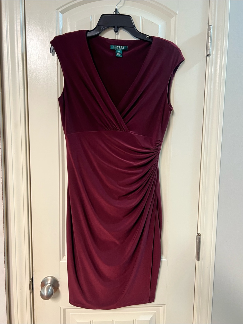 Polo by Ralph Lauren Sleeveless V-Neck Ruched Midi Dress in Burgundy - Picture 10 of 10